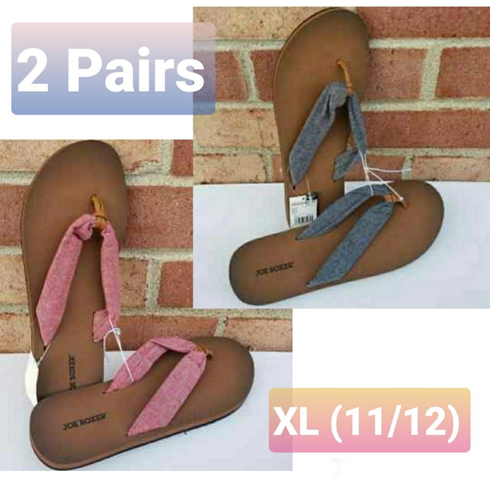 Joe Boxer Womens Flip Flops XL (11/12) Red & Blue Fabric Sandals - 2 PAIRS NWT